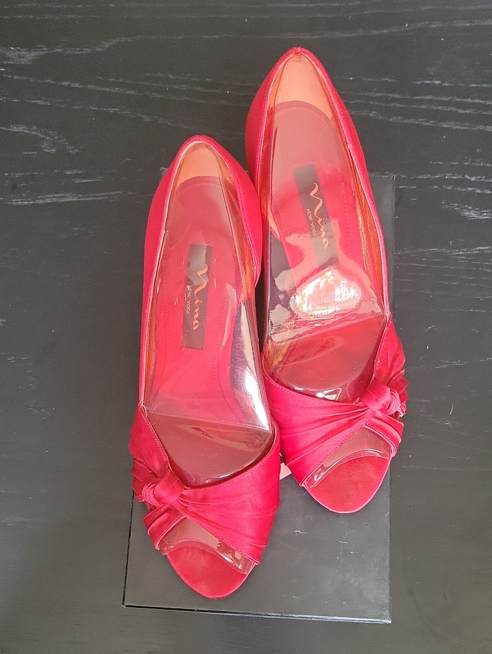 Nina Red Satin Knotted Peep-Toe Pumps